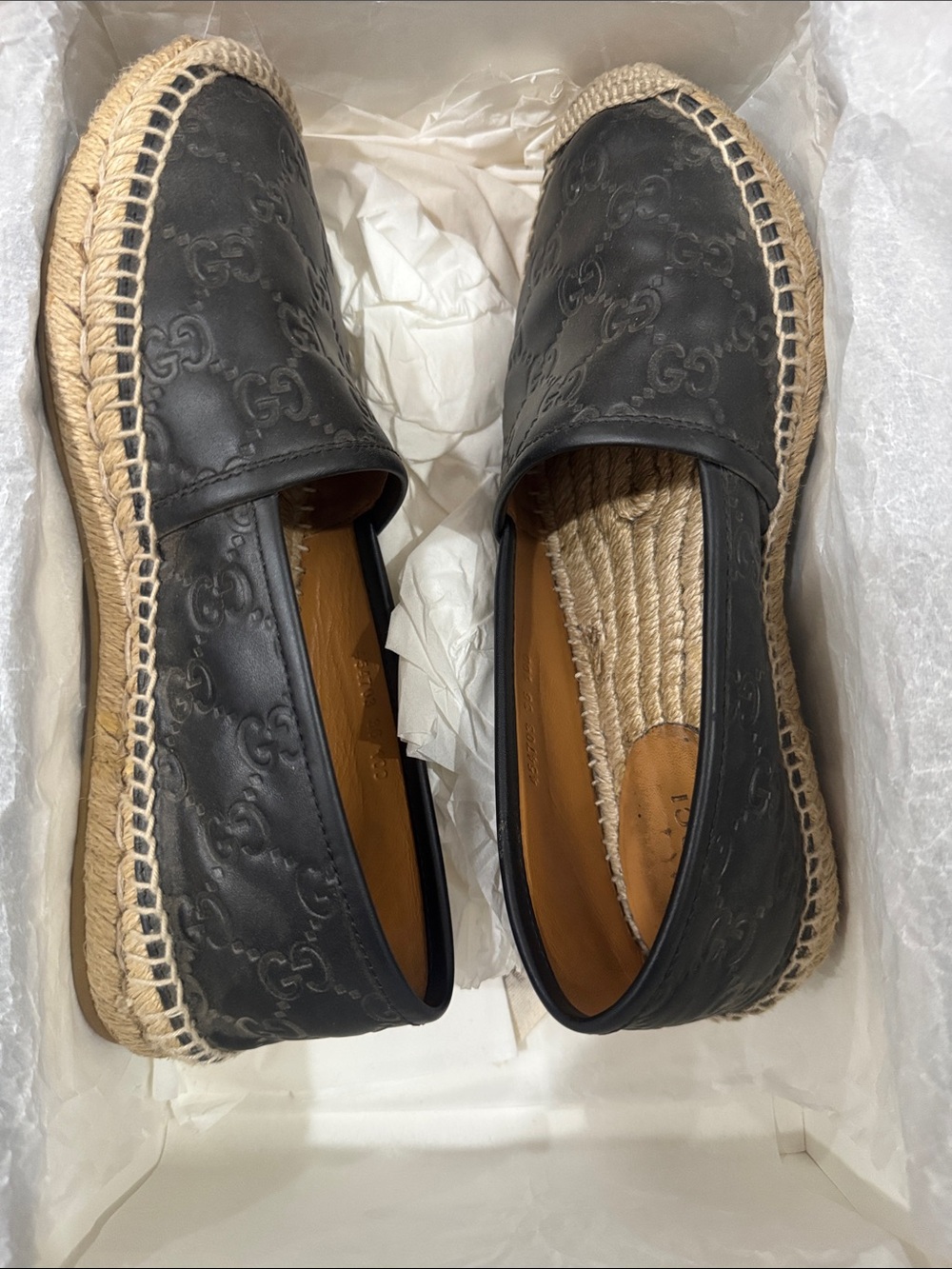 Gucci Black Embossed Leather Espadrilles with Natural Jute Trim